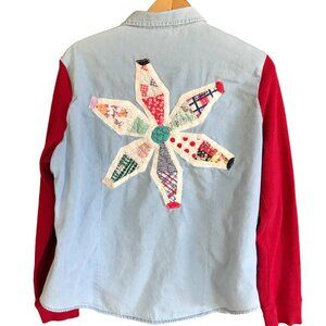 Upcycled Denim Shirt Jacket (M-L): Vintage Quilt Patchwork, Waffle Knit Sleeves